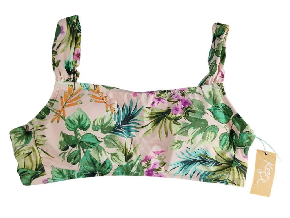 Kona Sol Bikini Top Womens XL Green Square Neck Floral Tropical Swim Padded NWT